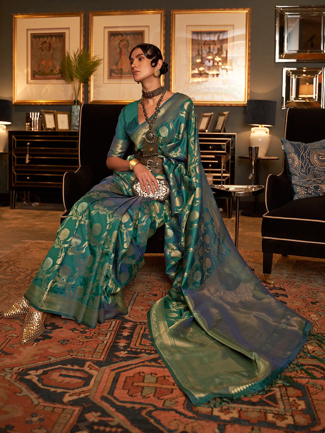 Mitera Teal & Gold-Toned Woven Design Zari Silk Blend Banarasi Saree - Distacart