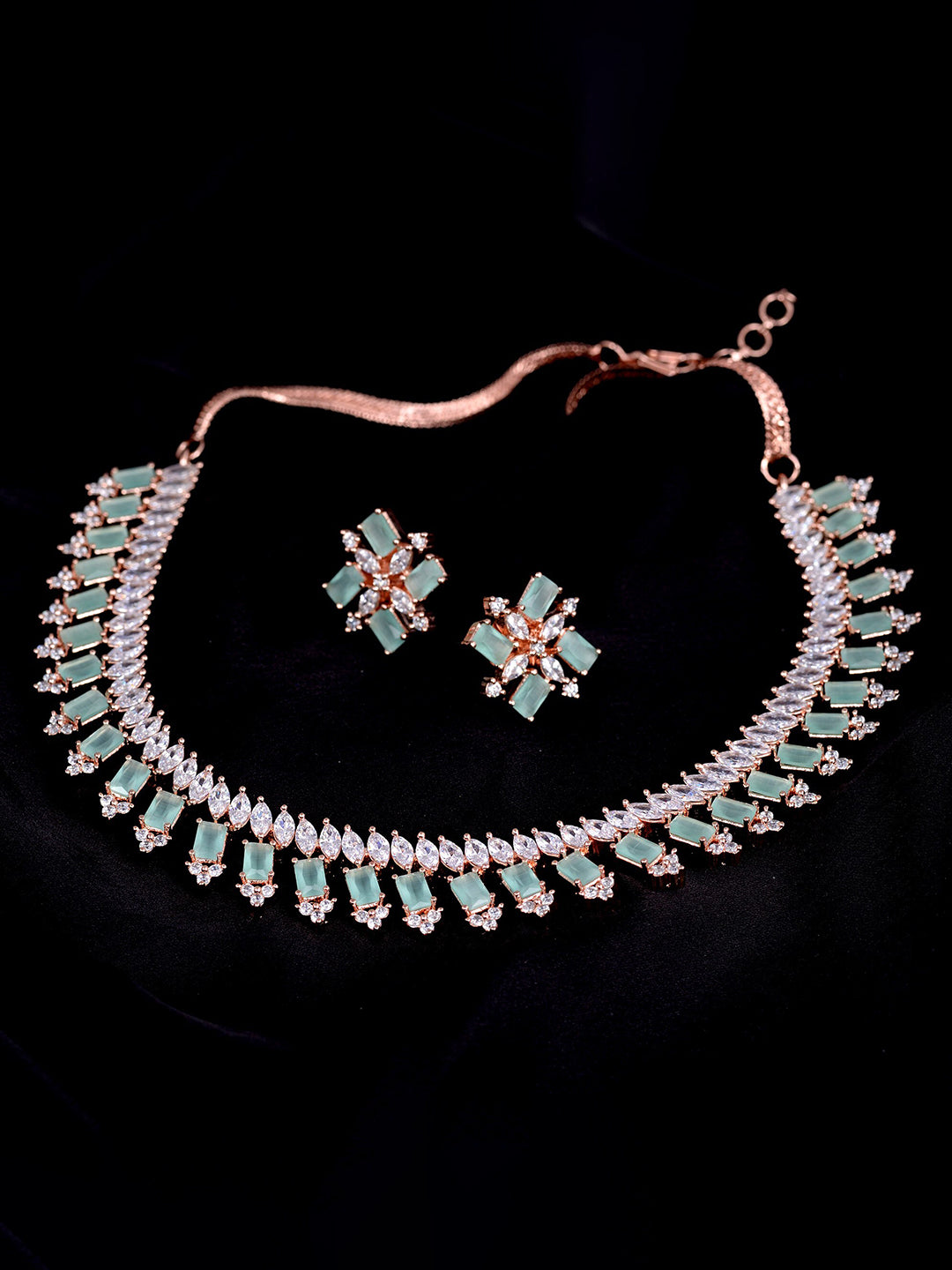 Saraf RS Jewellery Sea Green & Rose Gold-Plated American Diamond Studded Jewellery Set - Distacart