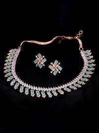 Thumbnail for Saraf RS Jewellery Sea Green & Rose Gold-Plated American Diamond Studded Jewellery Set - Distacart