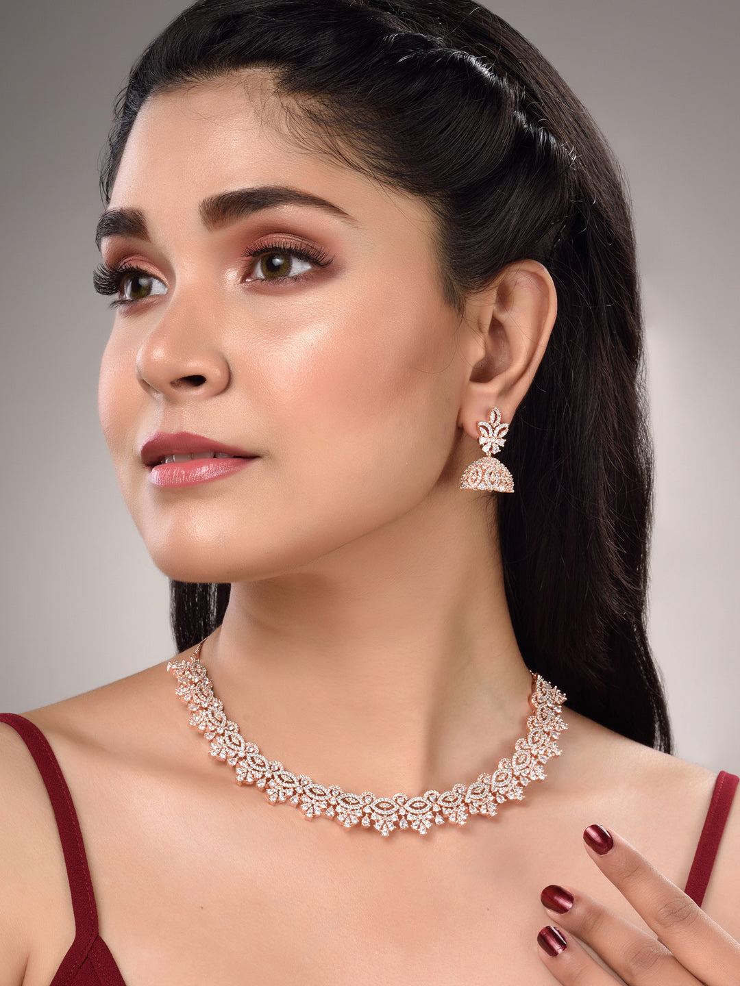 Saraf RS Jewellery Rose Gold-Plated & White AD & CZ-Studded Contemporary Jewellery Set - Distacart