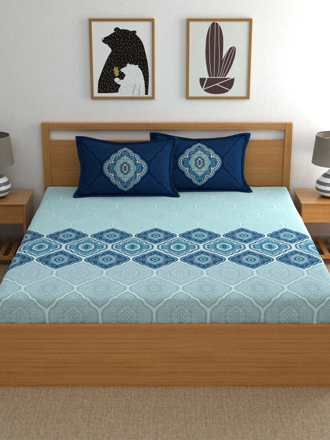Dreamscape Blue Ethnic Motifs 140 TC Fitted Cotton King Bedsheet & Pillow Covers - Distacart