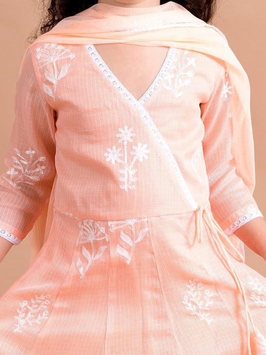 Girls Peach-Coloured Floral Printed Angrakha Pure Cotton Kurta With Trousers With Dupatta - Mini Marvels - Distacart