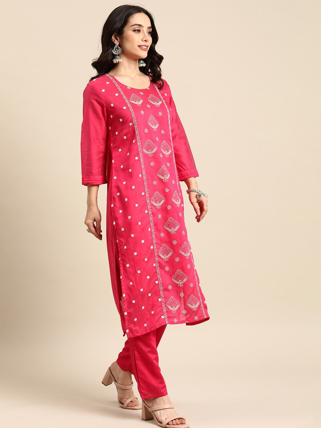 All About You Ethnic Motifs Embroidered Chanderi Silk Kurta with Trousers - Distacart