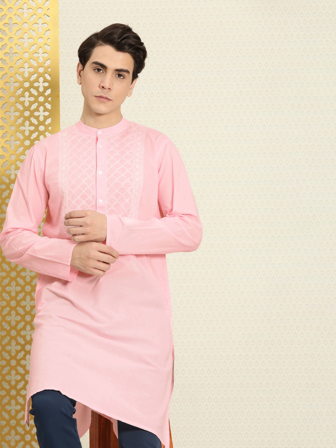 House of Pataudi Men Chikankari Yoke Design Pastels Pure Cotton Rozana Kurta - Distacart