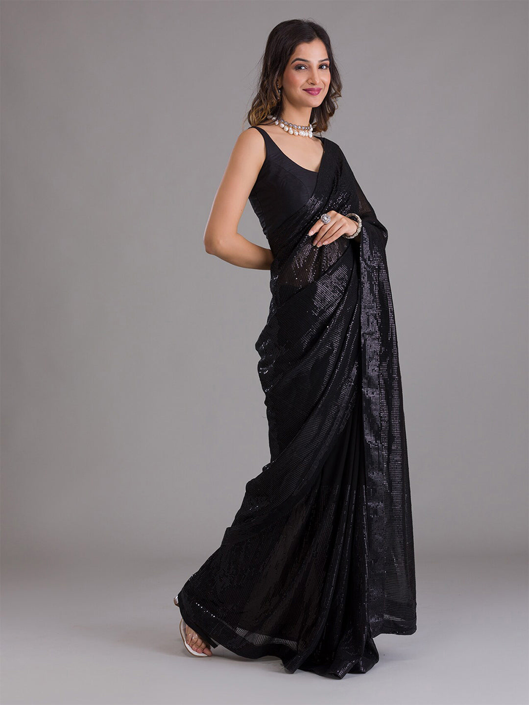 Black Embellished Beads and Cutdana Work Border Saree in Organza -...