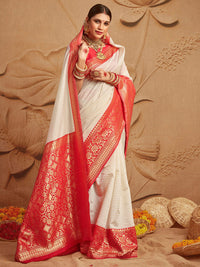 Thumbnail for Mitera Off White & Gold-Toned Paisley Zari Silk Blend Kanjeevaram Saree - Distacart