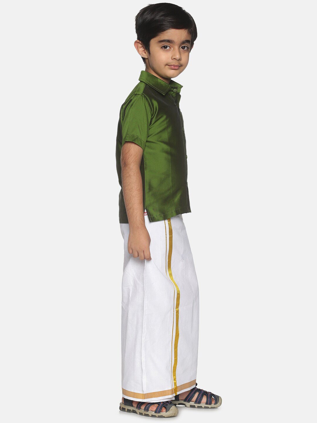 Sethukrishna Boys Olive Green & White Shirt And Veshti Set - Distacart