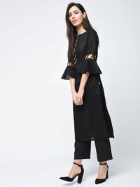 Thumbnail for Aniyah Cotton Criss Cross Bell Sleeves Straight Kurta In Black (AN-101C)