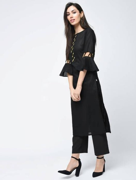 Aniyah Cotton Criss Cross Bell Sleeves Straight Kurta In Black (AN-101C)