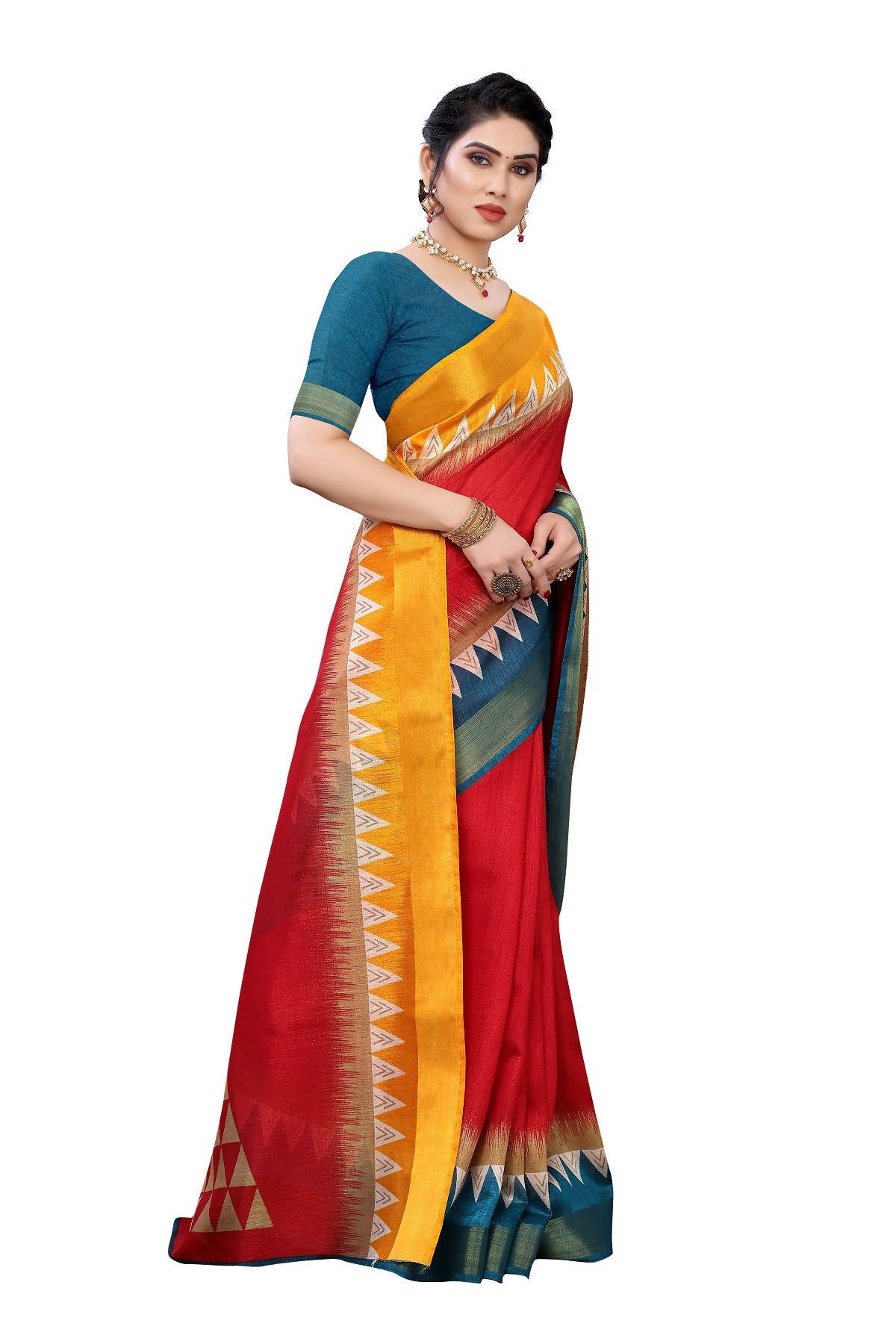 Vamika Red & Blue Linen Jari Border Saree (GUNJAN RED) - Distacart