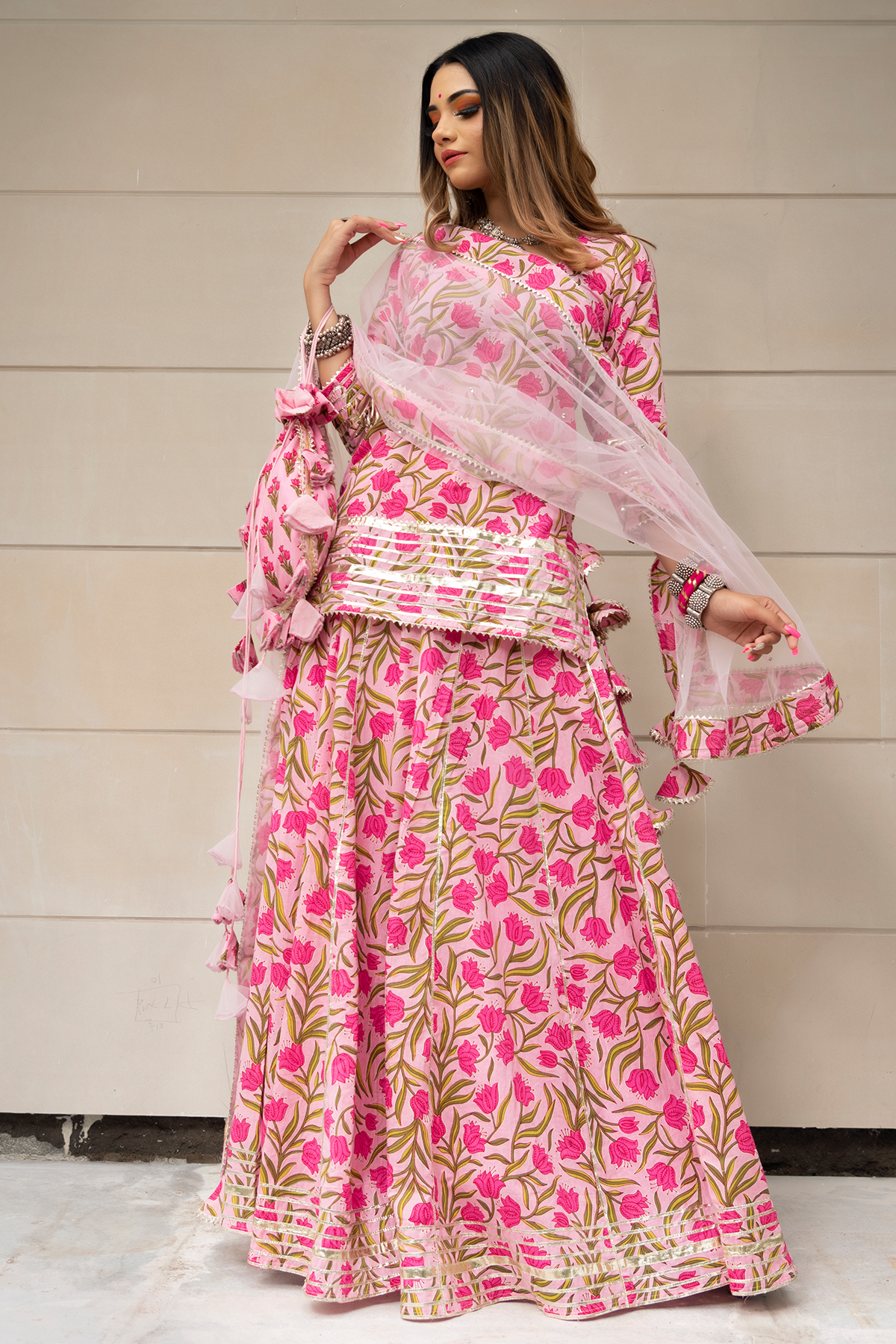 Pomcha Jaipur Tulsi Pink Cotton Hand Block Skirt Set - Distacart