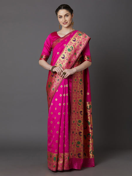 Mitera Pink Silk Blend Woven Design Banarasi Saree - Distacart