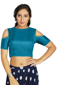 Thumbnail for Aastha Fashion Women's Firozi Art Silk Cold Shoulder Sleeve Readymade Blouse - Distacart