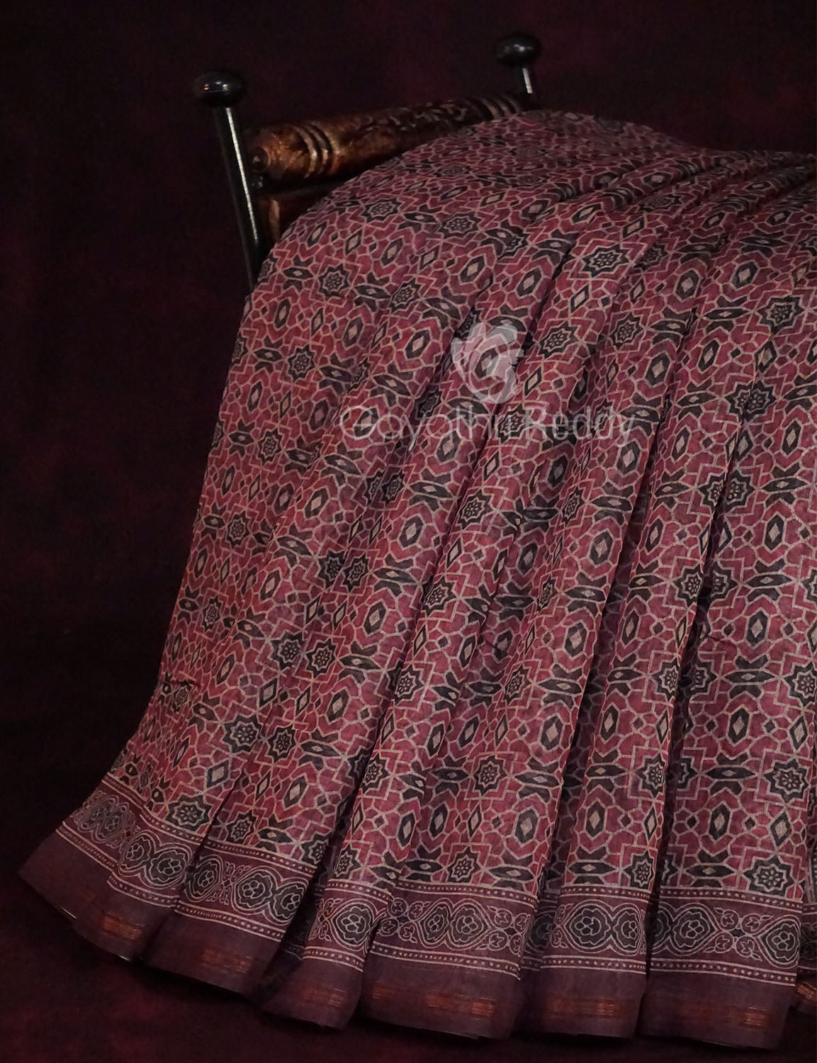 Red Onion Colour Ajrakh Design Semi Chanderi Saree By Gayathri Reddy Designer Studio - Distacart