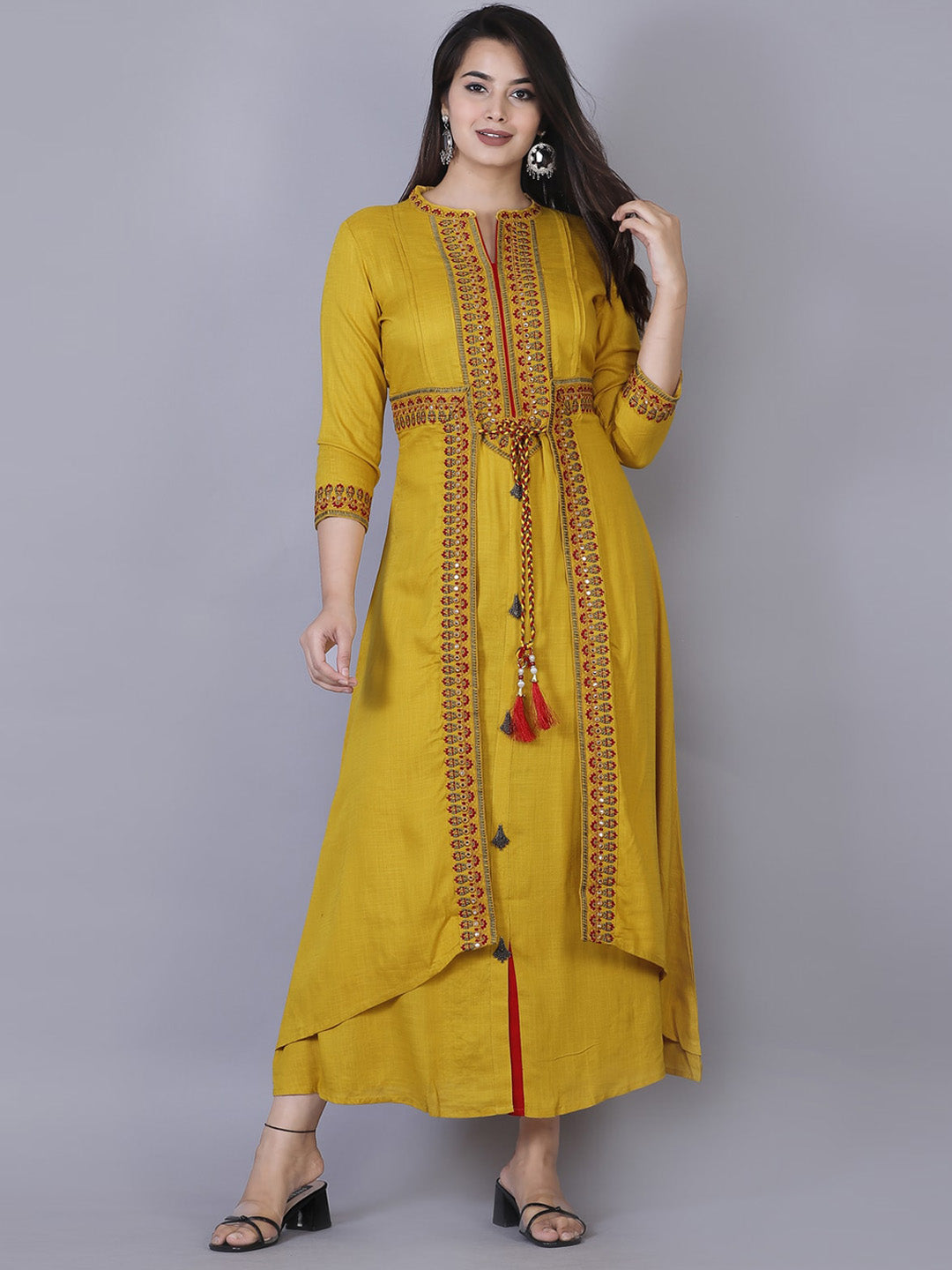 Kalini Women Yellow Ethnic Motifs Embroidered & Mirror Work Layered Regular Fit Kurta - Distacart