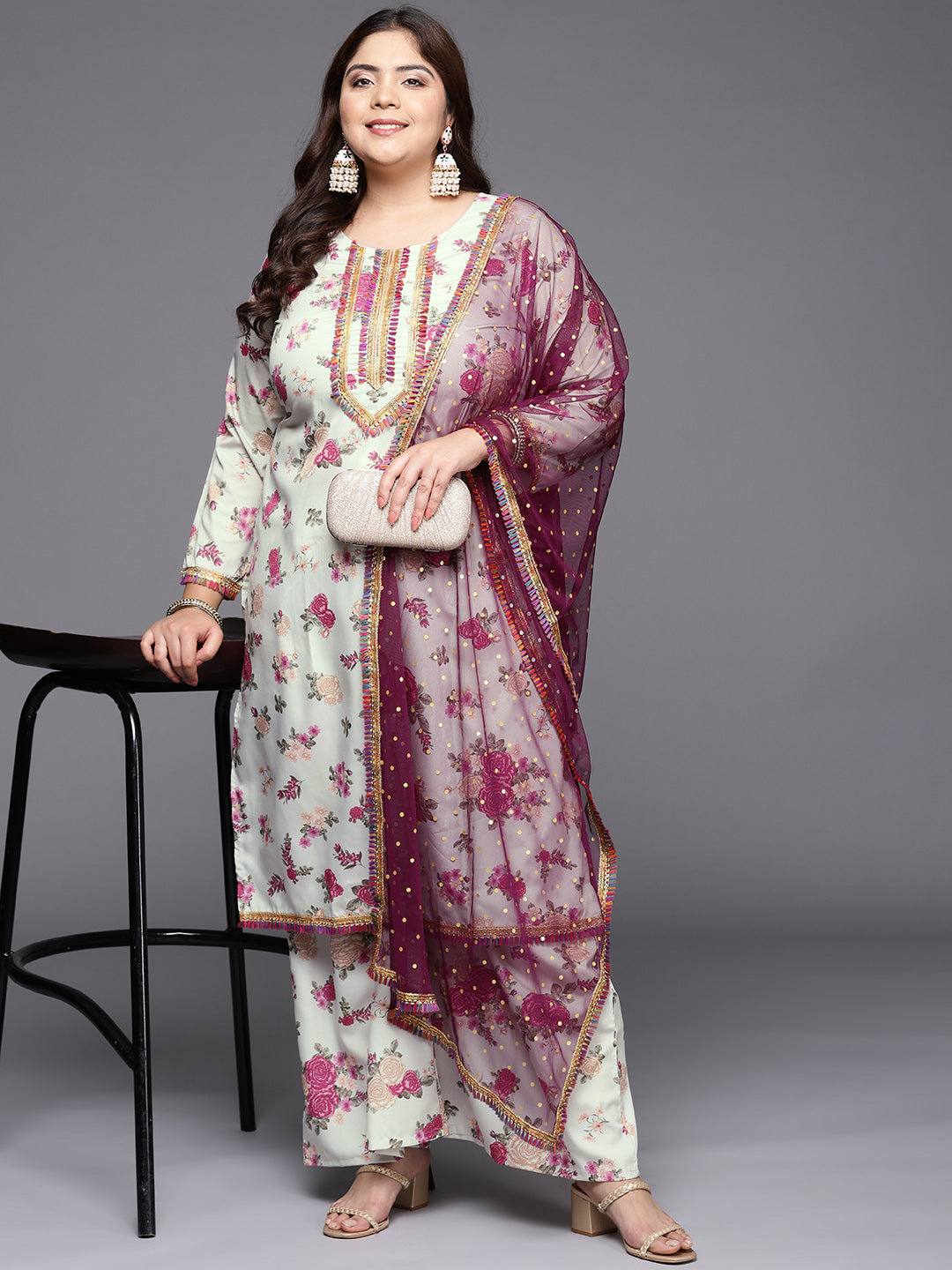 Ahalyaa Plus Size Floral Printed Zari Kurta with Palazzos & With Dupatta - Distacart