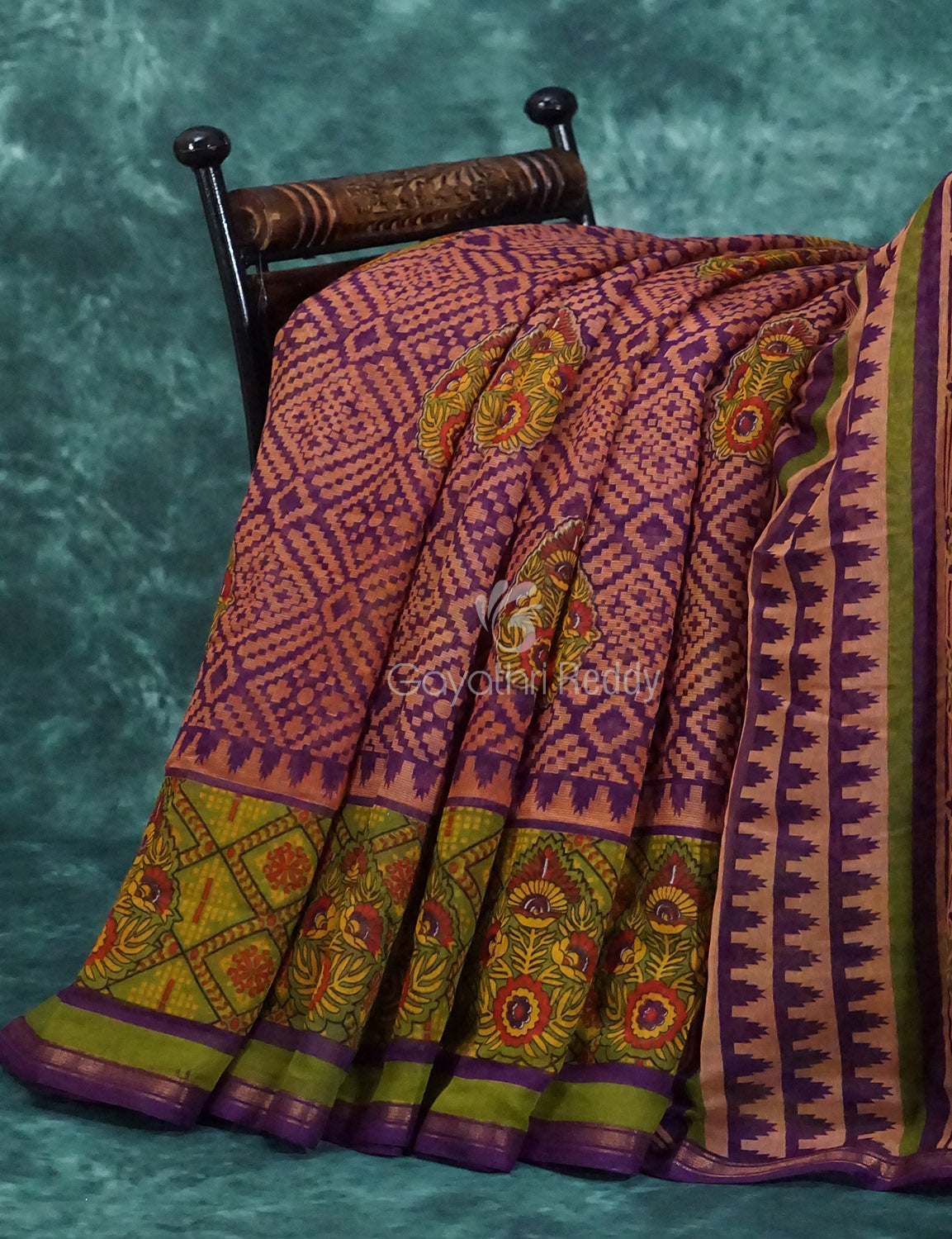 Light Orange And Purple Colour Printed Semi Chanderi Saree By Gayathri Reddy Designer Studio - Distacart