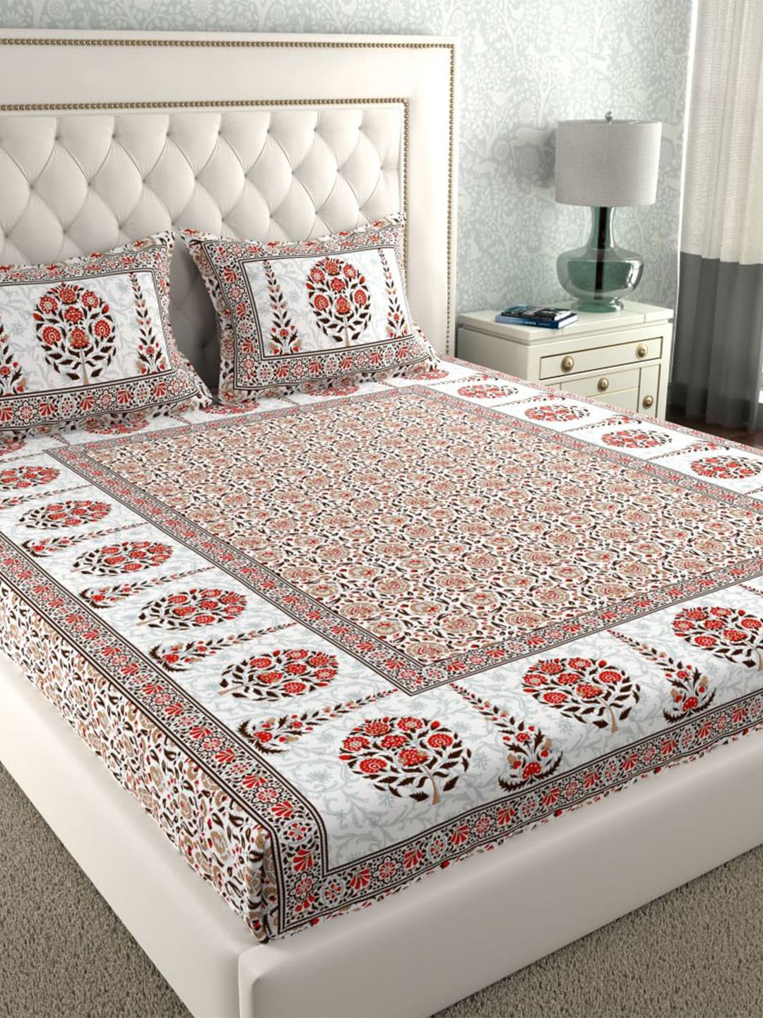 LA VERNE White & Maroon Ethnic Motifs 140 TC Cotton King Bedsheet With 2 Pillow Covers - Distacart