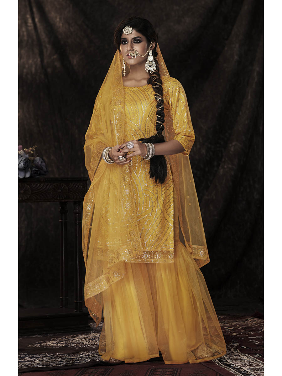 Myra Mustard Net Embroidered Sharara Suit - Distacart