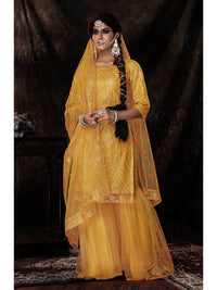 Thumbnail for Myra Mustard Net Embroidered Sharara Suit - Distacart