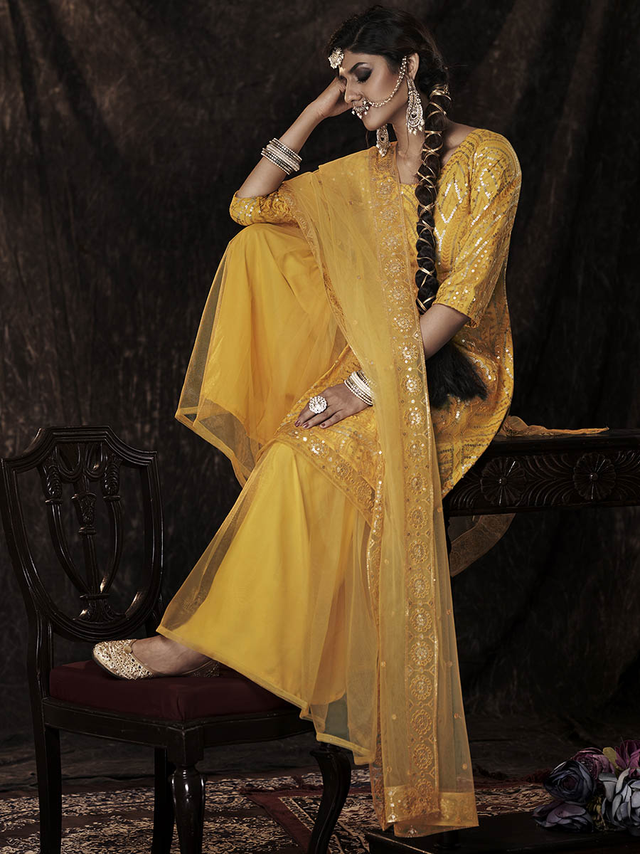 Myra Mustard Net Embroidered Sharara Suit - Distacart