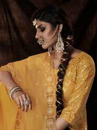 Thumbnail for Myra Mustard Net Embroidered Sharara Suit - Distacart