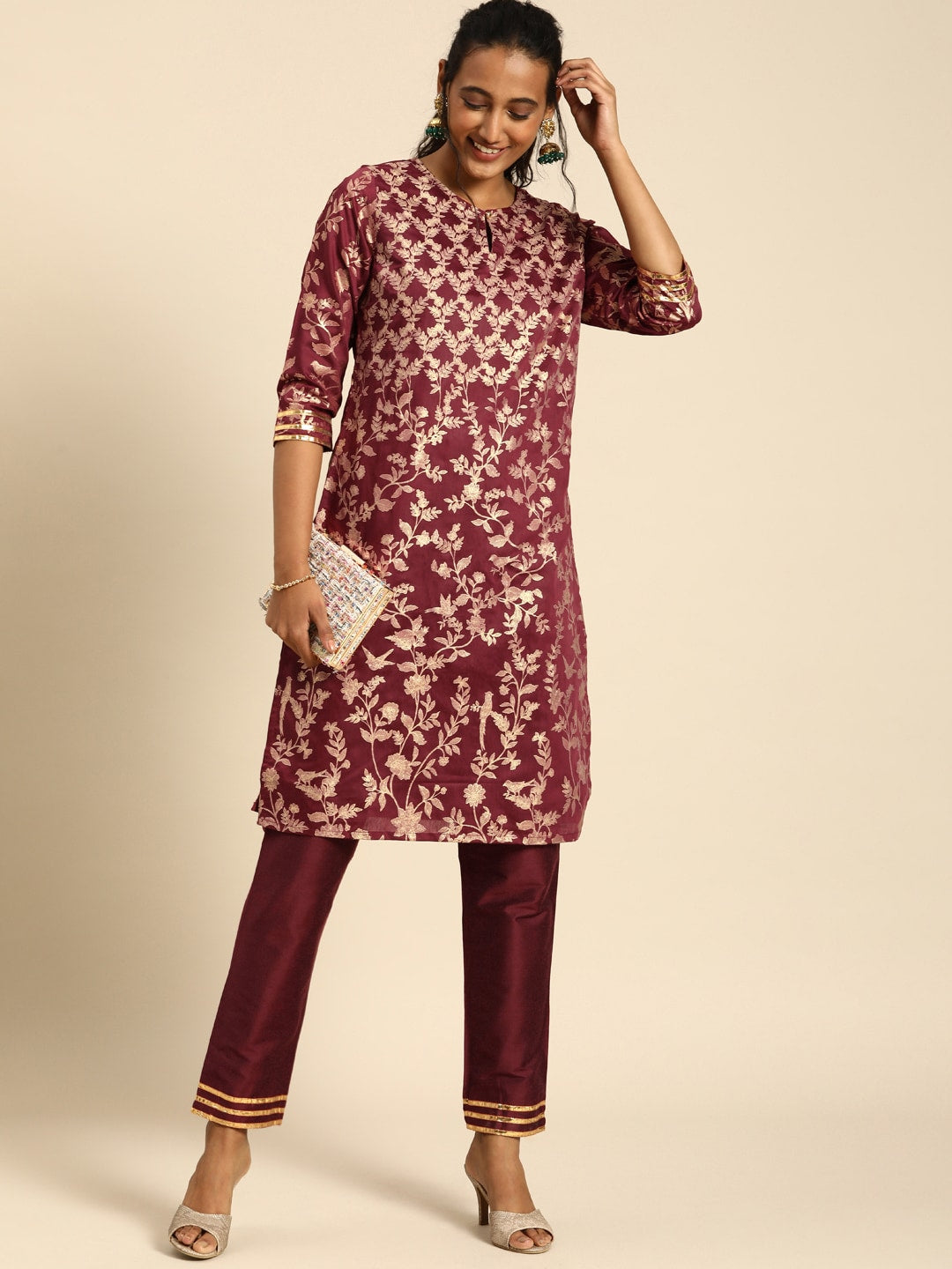 All About You Women Purple & Gold-Toned Ethnic Motifs Printed Regular Kurta with Trousers - Distacart