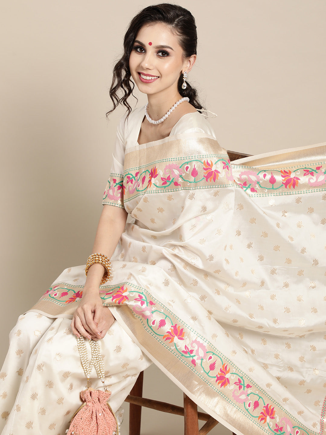 Saree Mall Off White & Golden Woven Design Banarasi Saree - Distacart