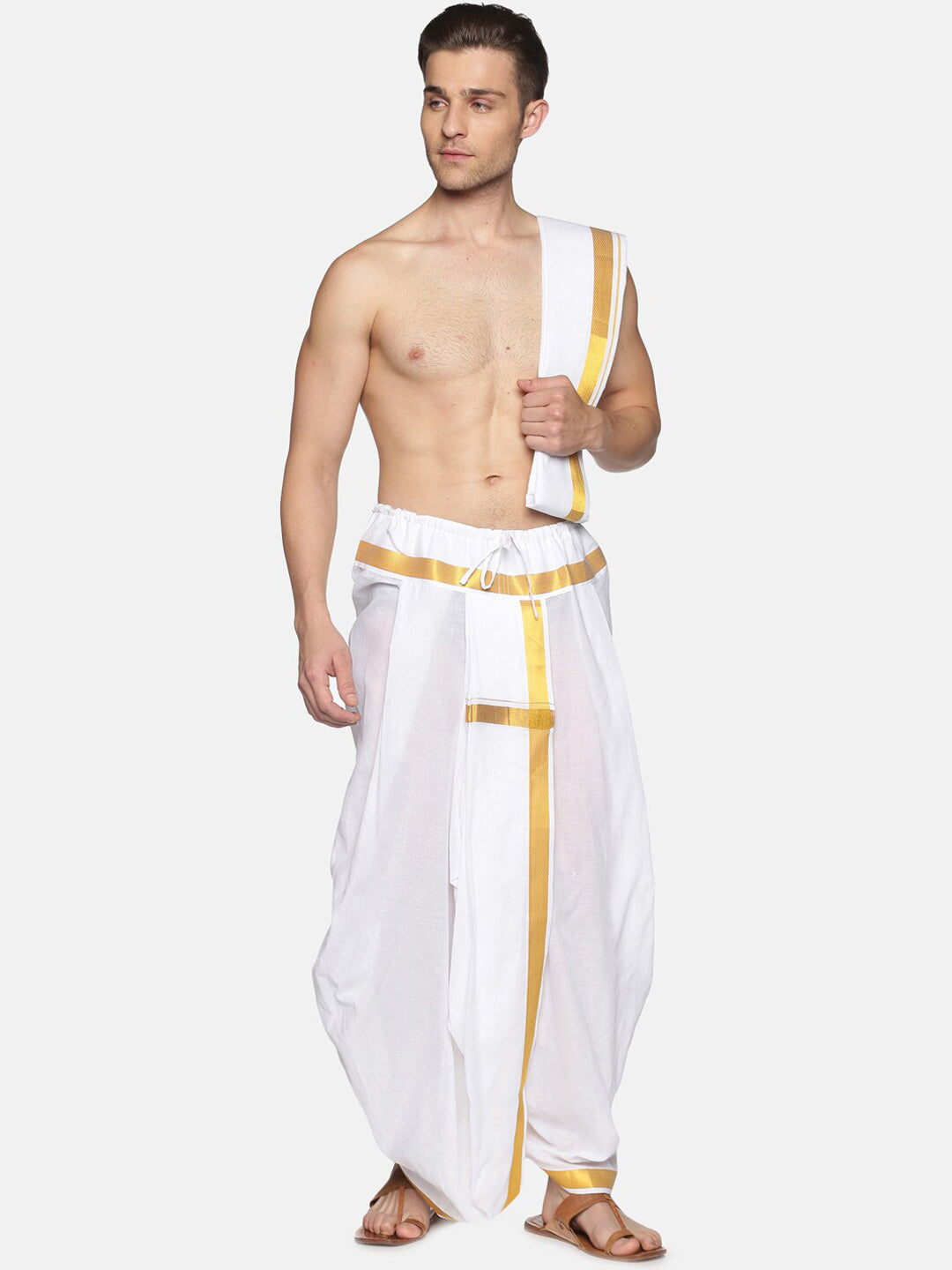 Sethukrishna Men White & Gold-Toned Solid Ready Made Dhoti Pants - Distacart