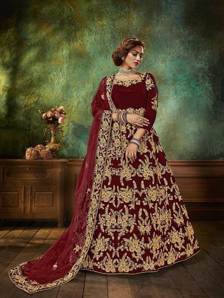 Maroon Designer Heavy Embroidered Net Wedding Anarkali Gown - XXS