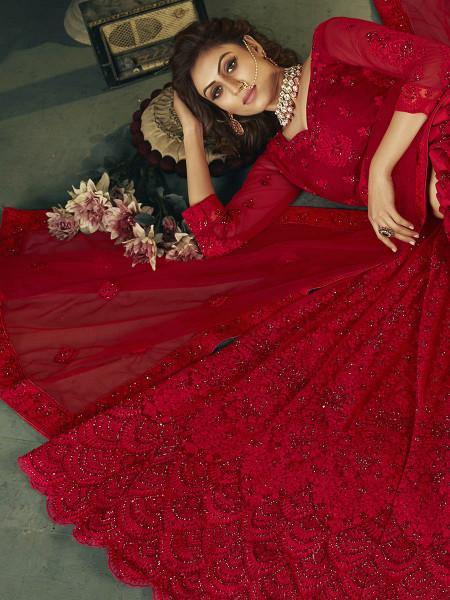 Heavy Designer Red Lehenga Choli With Embroidered Blouse