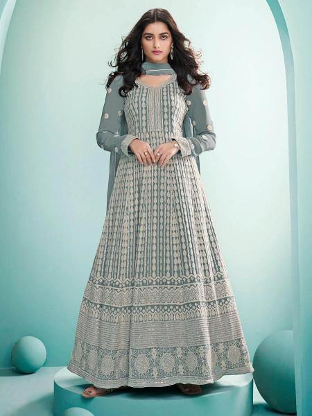 Myra Dusty Grey Real Georgette with Luckhnavi work Anarkali Suit