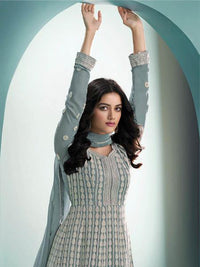 Thumbnail for Myra Dusty Grey Real Georgette with Luckhnavi work Anarkali Suit online