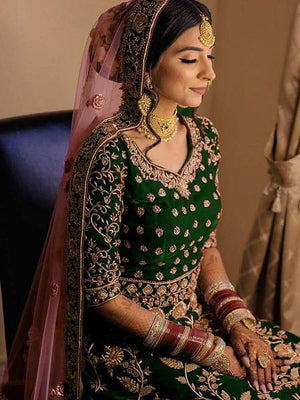 Dark Green Bridal Wear Embroidered Taffeta Silk Lehenga Chol