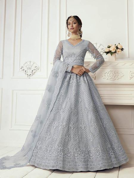 Myra Dusty Sea Blue Heavy Embroidered Net Bridal Lehenga Online 