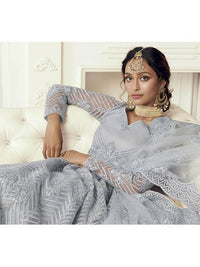 Thumbnail for Dusty Sea Blue Heavy Embroidered Net Bridal Lehenga