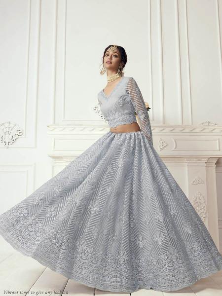 Myra Dusty Sea Blue Heavy Embroidered Net Bridal 