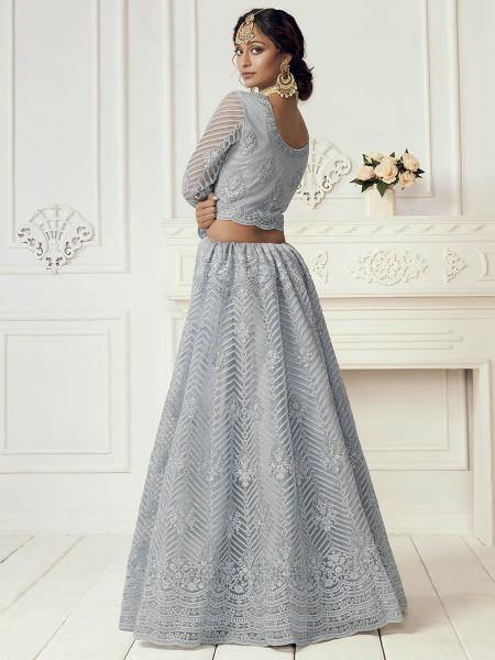 Myra Dusty Sea Blue Heavy Embroidered Net Bridal Lehenga