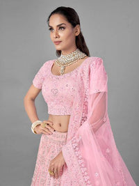 Thumbnail for Myra Traditional Pink Heavy Embroidered Soft Net Bridal Lehenga