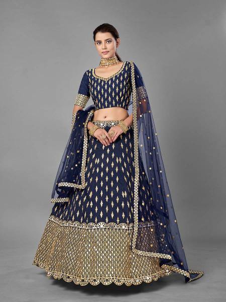 Navy Blue Floral Print Georgette Lehenga Choli