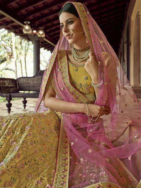 Mustard Embroidered Floral Buttis Bridal Lehenga Choli - Lovely Wedding Mall