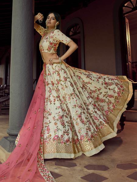 Myra Beautiful Off White Heavy Embroidered Georgette Bridal Lehenga