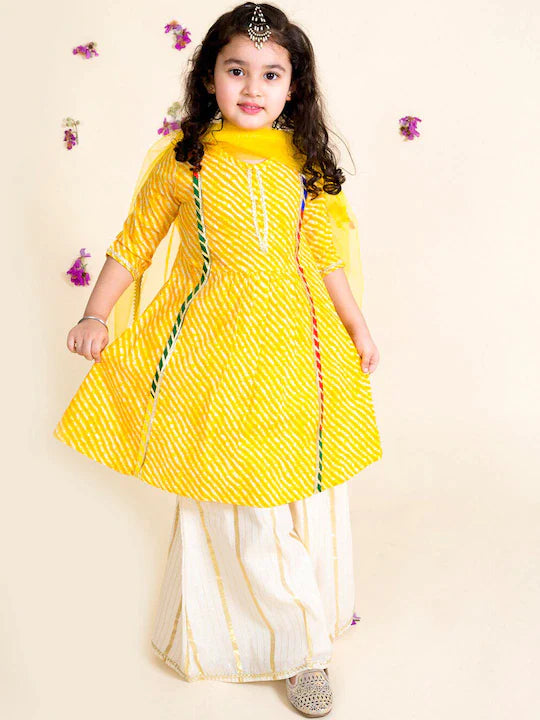 Girls Yellow Leheriya Pure Cotton Kurta With Palazzos With Dupatta - Mini Marvels - Distacart
