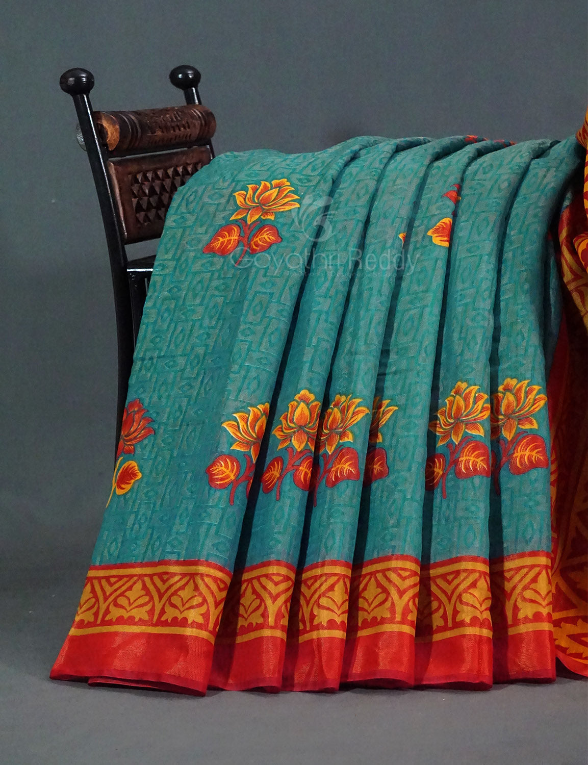 Sea Blue Colour With Tomato Red Blouse Cotton Brasso Saree By Gayathri Reddy Designer Studio - Distacart