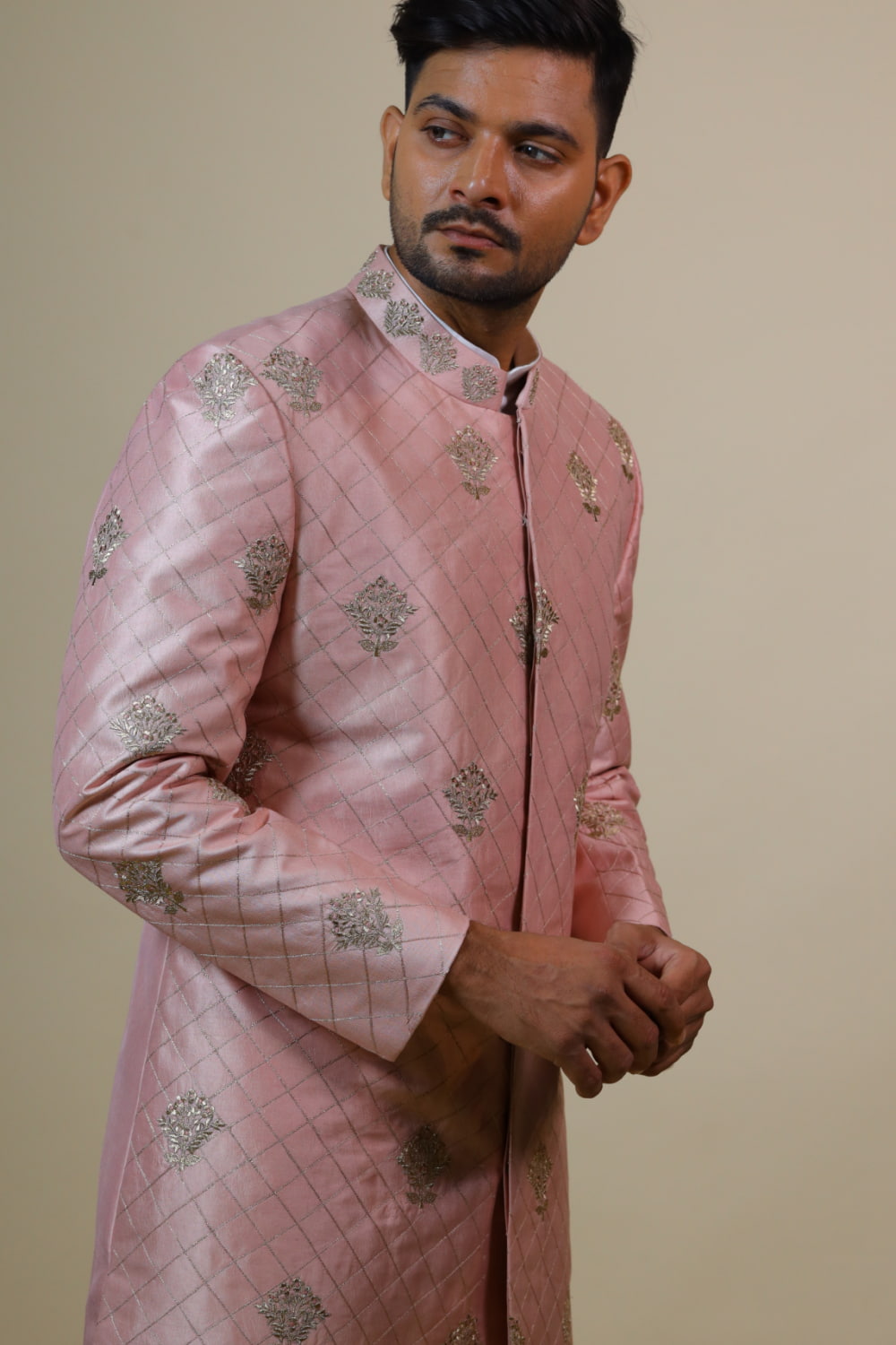 Light Coral Embroidered Designer Men's Sherwani by Hilo Designs - Distacart