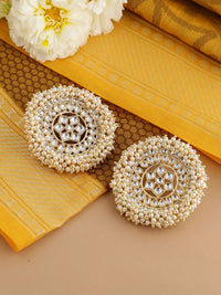Thumbnail for Shoshaa off-White Gold Plated Kundan Studded & Beaded Circular Drop Earrings - Distacart
