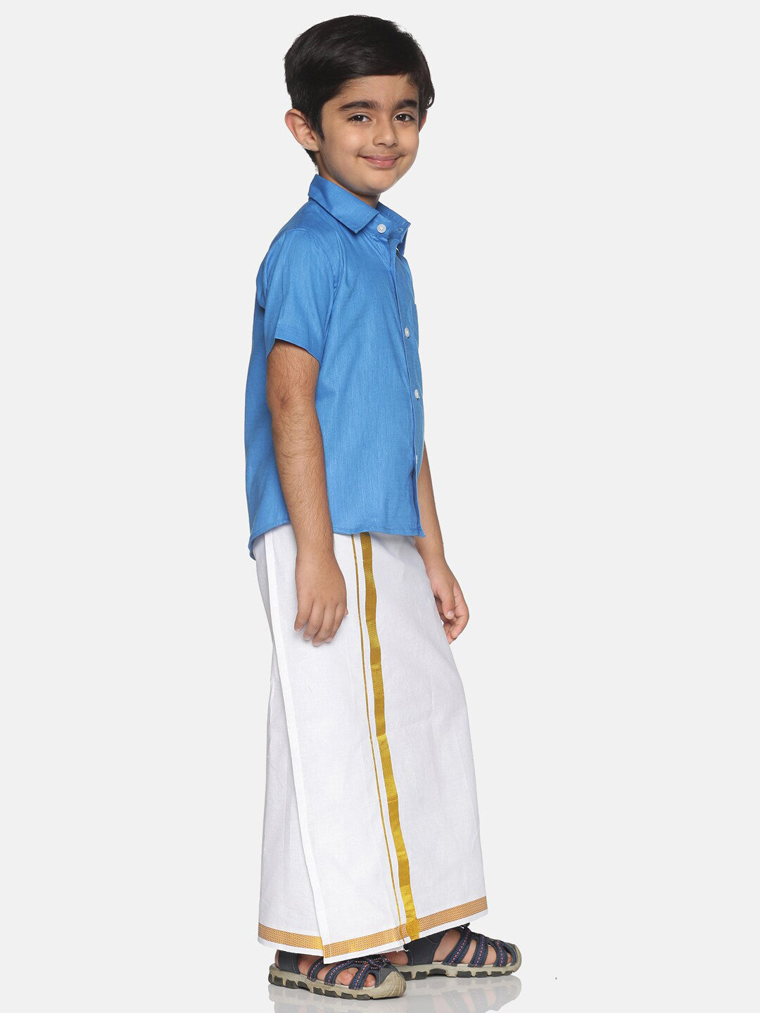 Sethukrishna Blue & White Solid Shirt with Veshti Set For Boys - Distacart