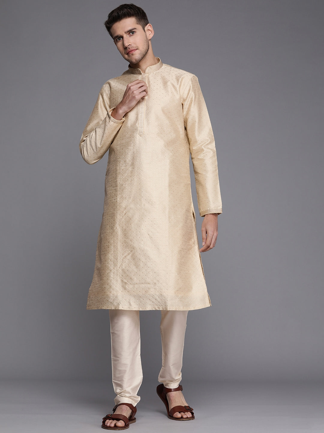 Manyavar Men Beige Ethnic Motifs Thread Work Kurta with Churidar - Distacart