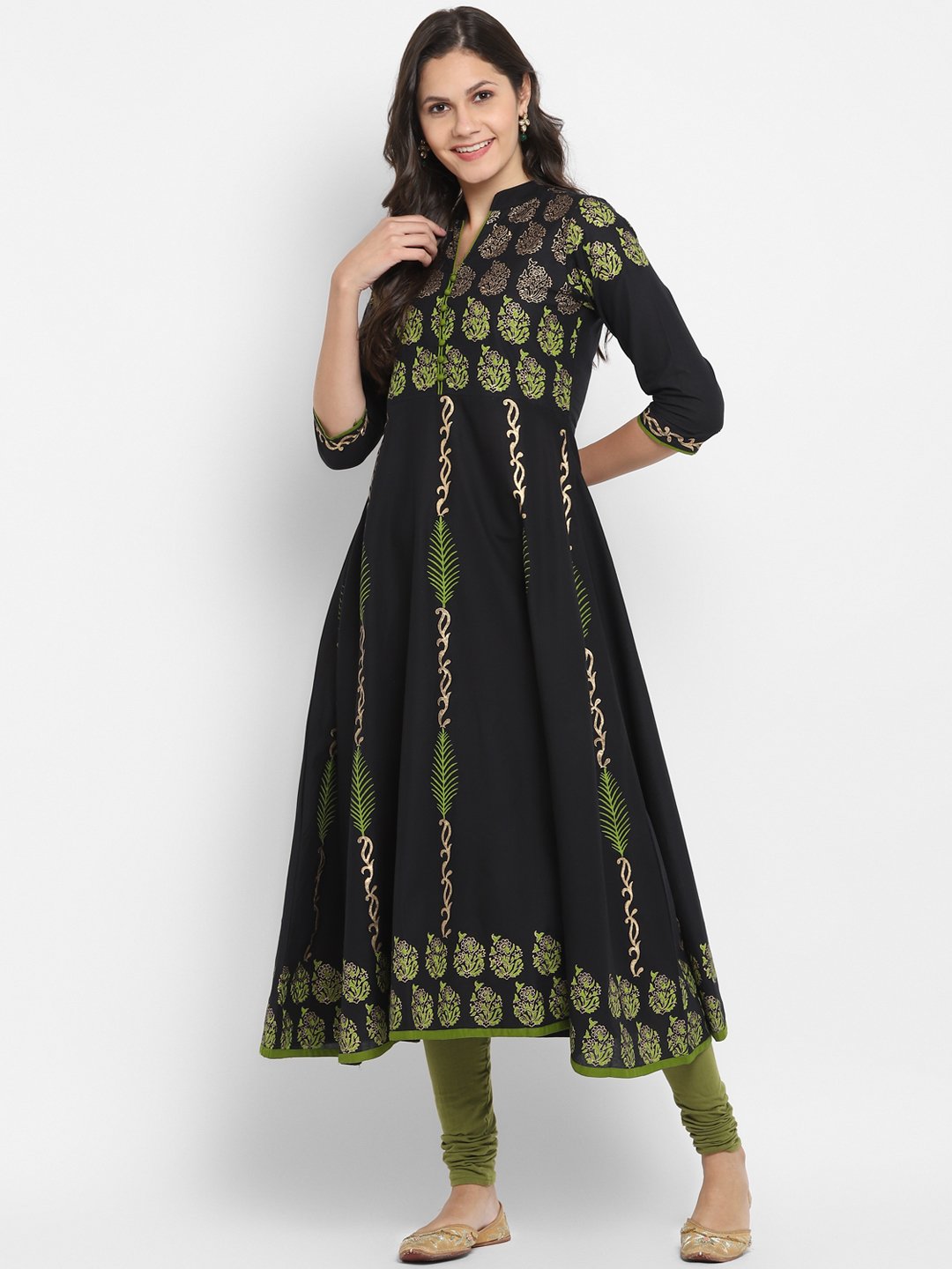 Buy NOZ2TOZ Women's Black & Green Cotton Printed Anarkali Kurti With ...