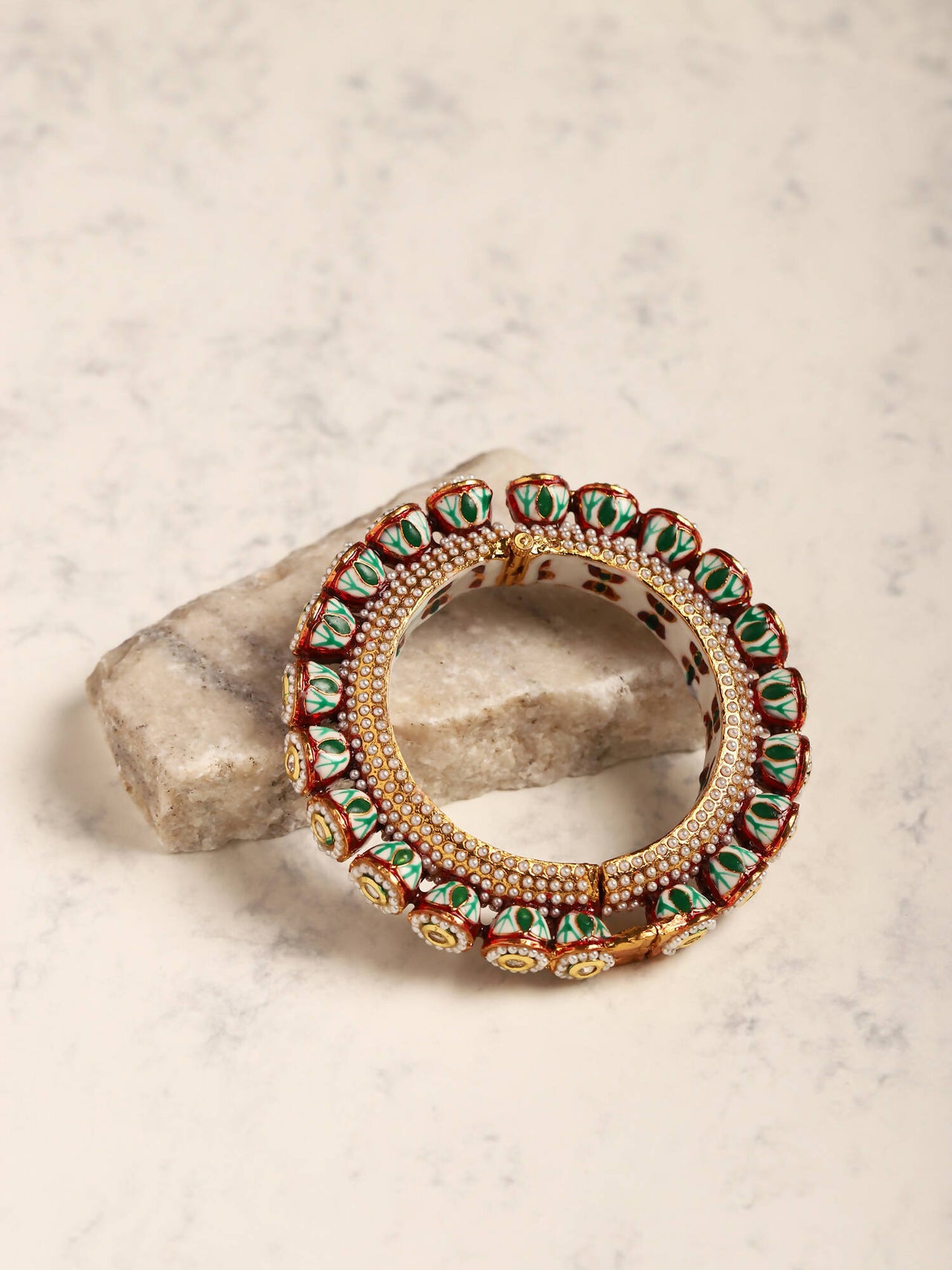 Gold-Plated Green Kundan-Studded Bangle - Ruby Raang - Distacart